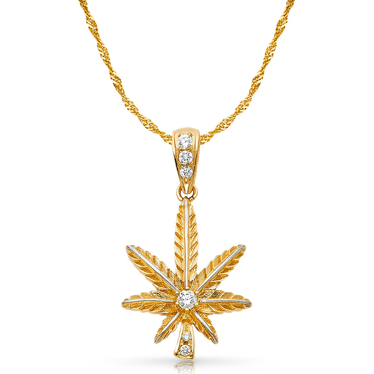 14K Gold CZ Marijuana Leaf Charm Pendant with 1.8mm Singapore Chain Necklace