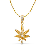 14K Gold CZ Marijuana Leaf Charm Pendant with 2mm Flat Open Wheat Chain Necklace