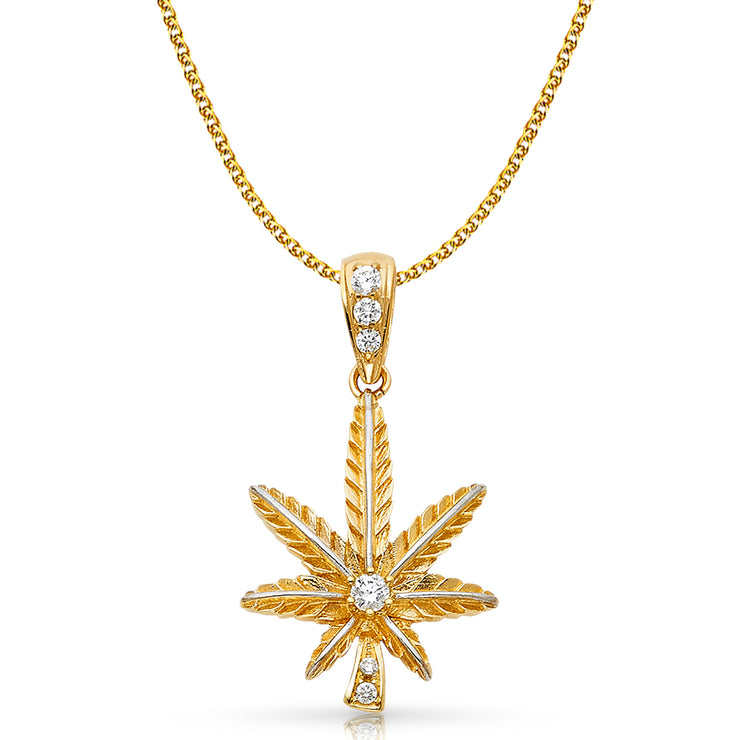 14K Gold CZ Marijuana Leaf Charm Pendant with 2mm Flat Open Wheat Chain Necklace