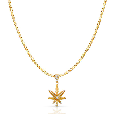 14K Gold CZ Marijuana Leaf Charm Pendant with 1.2mm Box Chain Necklace