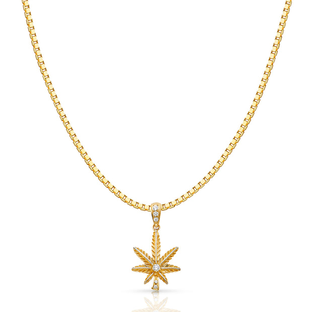 14K Gold CZ Marijuana Leaf Charm Pendant with 1.2mm Box Chain Necklace