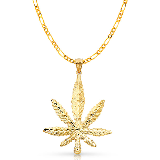 14K Gold Marijuana Leaf Charm Pendant with 4.5mm Figaro 3+1 Chain Necklace