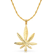 14K Gold Marijuana Leaf Charm Pendant with 1.8mm Singapore Chain Necklace