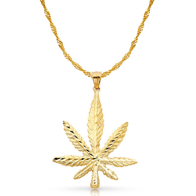 14K Gold Marijuana Leaf Charm Pendant with 1.8mm Singapore Chain Necklace