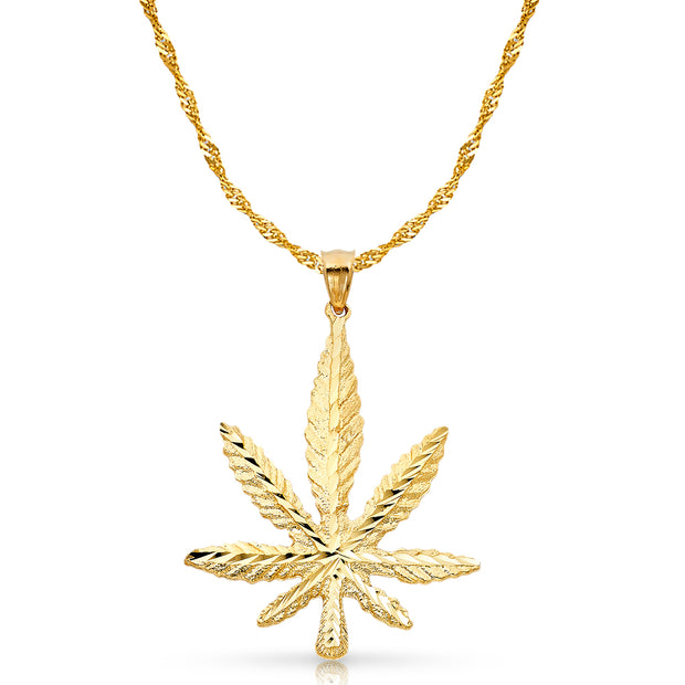 14K Gold Marijuana Leaf Charm Pendant with 1.8mm Singapore Chain Necklace