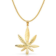 14K Gold Marijuana Leaf Charm Pendant with 2mm Flat Open Wheat Chain Necklace