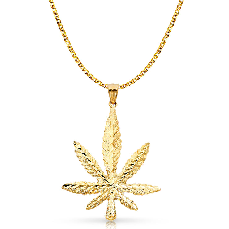 14K Gold Marijuana Leaf Charm Pendant with 2mm Flat Open Wheat Chain Necklace