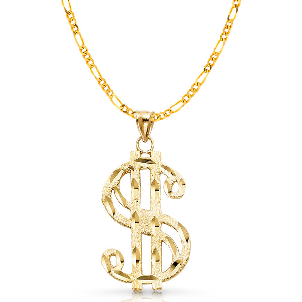 14K Gold Dollar Sign Charm Pendant with 3.8mm Figaro 3+1 Chain Necklace