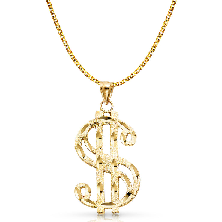 14K Gold Dollar Sign Charm Pendant with 2mm Flat Open Wheat Chain Necklace