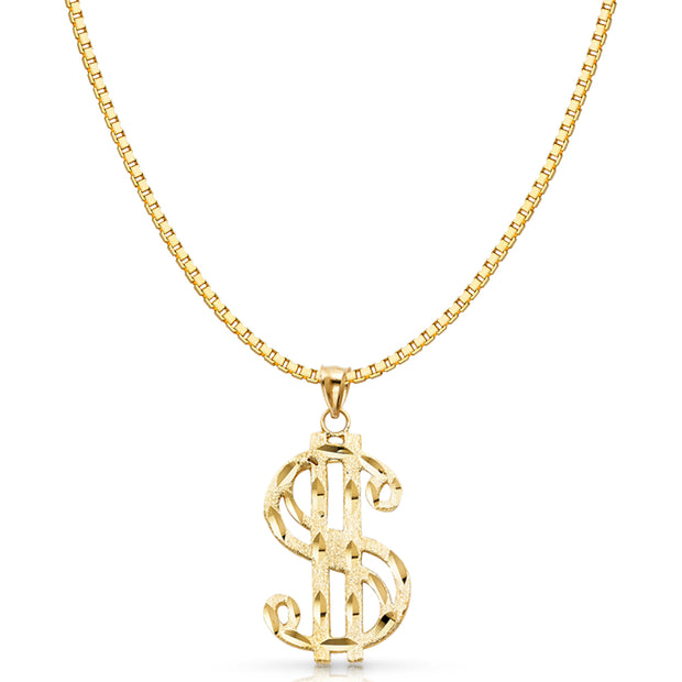 14K Gold Dollar Sign Charm Pendant with 1.2mm Box Chain Necklace