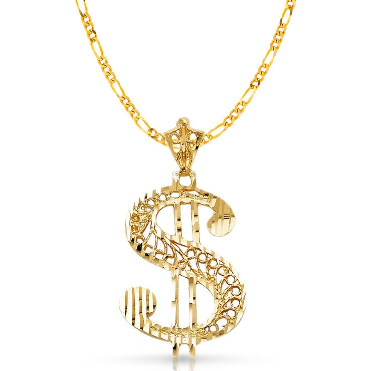 14K Gold Dollar Sign Charm Pendant with 3.1mm Figaro 3+1 Chain Necklace