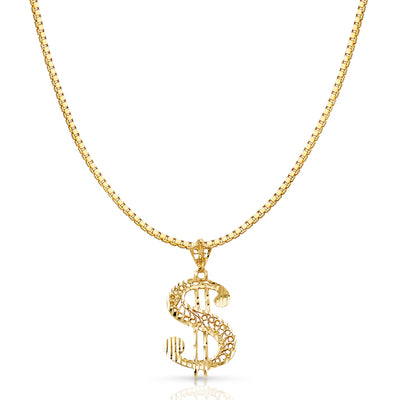 14K Gold Dollar Sign Charm Pendant with 1.2mm Box Chain Necklace