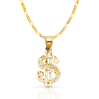 14K Gold Dollar Sign Charm Pendant with 3.1mm Figaro 3+1 Chain Necklace