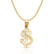 14K Gold Dollar Sign Charm Pendant with 1.5mm Flat Open Wheat Chain Necklace