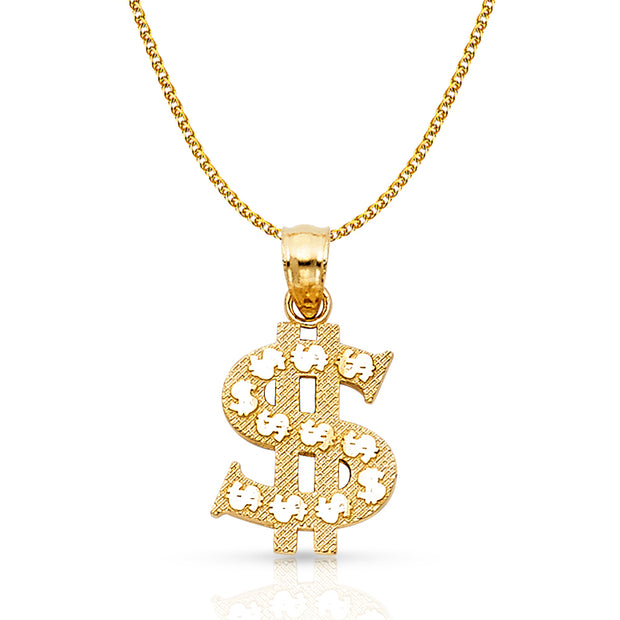 14K Gold Dollar Sign Charm Pendant with 1.7mm Flat Open Wheat Chain Necklace