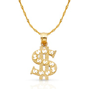 14K Gold Dollar Sign Charm Pendant with 1.2mm Singapore Chain Necklace