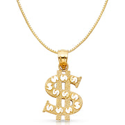 14K Gold Dollar Sign Charm Pendant with 0.8mm Box Chain Necklace