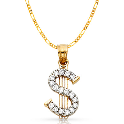 14K Gold CZ Dollar Sign Charm Pendant with 2.3mm Figaro 3+1 Chain Necklace