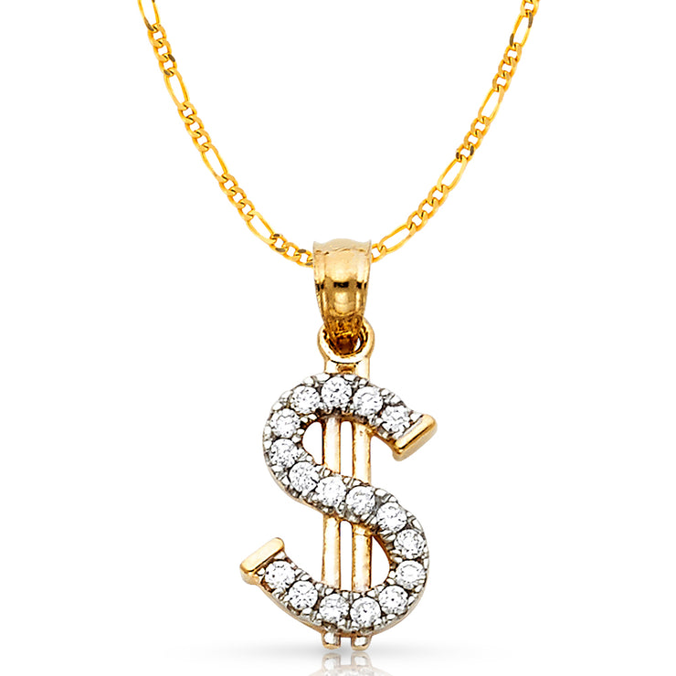 14K Gold CZ Dollar Sign Charm Pendant with 2.3mm Figaro 3+1 Chain Necklace