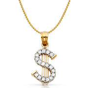14K Gold CZ Dollar Sign Charm Pendant with 1.5mm Flat Open Wheat Chain Necklace