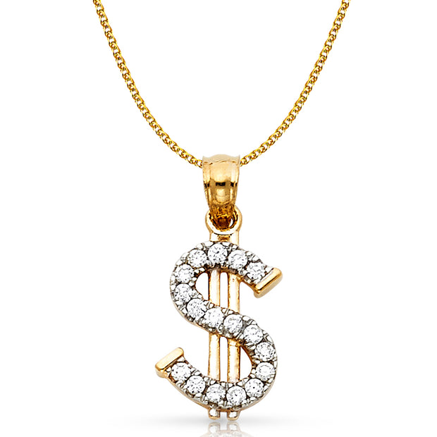 14K Gold CZ Dollar Sign Charm Pendant with 1.5mm Flat Open Wheat Chain Necklace