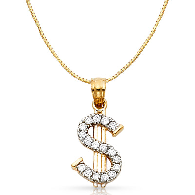 14K Gold CZ Dollar Sign Charm Pendant with 0.8mm Box Chain Necklace