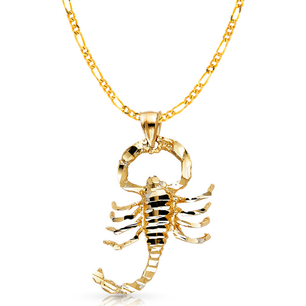 14K Gold Scorpion Charm Pendant with 3.1mm Figaro 3+1 Chain Necklace