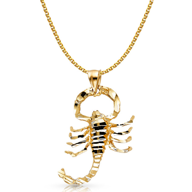 14K Gold Scorpion Charm Pendant with 2mm Flat Open Wheat Chain Necklace