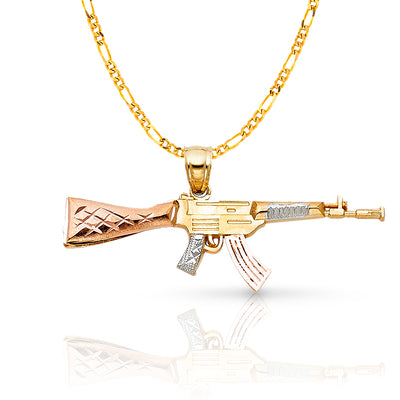 14K Gold Rifle Gun Charm Pendant with 3.1mm Figaro 3+1 Chain Necklace
