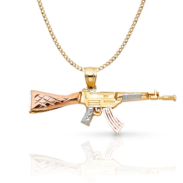 14K Gold Rifle Gun Charm Pendant with 3.4mm Hollow Cuban Chain Necklace