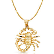 14K Gold Scorpion Charm Pendant with 2mm Flat Open Wheat Chain Necklace