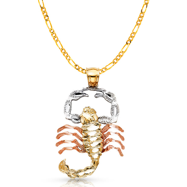 14K Gold Scorpion Charm Pendant with 3.1mm Figaro 3+1 Chain Necklace