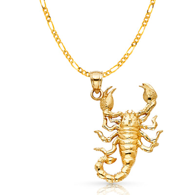 14K Gold Scorpion Charm Pendant with 3.8mm Figaro 3+1 Chain Necklace