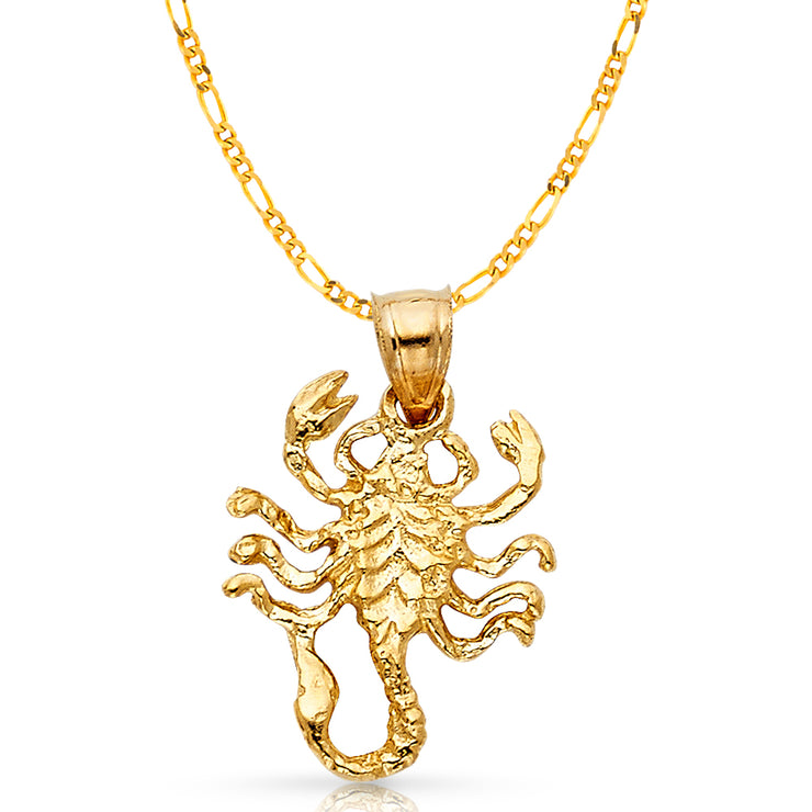 14K Gold Scorpion Charm Pendant with 3.1mm Figaro 3+1 Chain Necklace