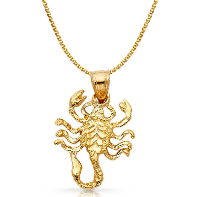 14K Gold Scorpion Charm Pendant with 1.7mm Flat Open Wheat Chain Necklace