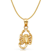 14K Gold Scorpion Charm Pendant with 1.5mm Flat Open Wheat Chain Necklace