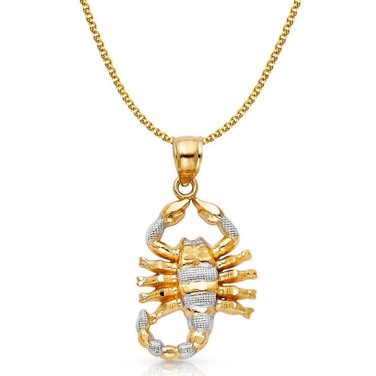 14K Gold Scorpion Charm Pendant with 1.7mm Flat Open Wheat Chain Necklace