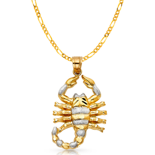 14K Gold Scorpion Charm Pendant with 3.1mm Figaro 3+1 Chain Necklace