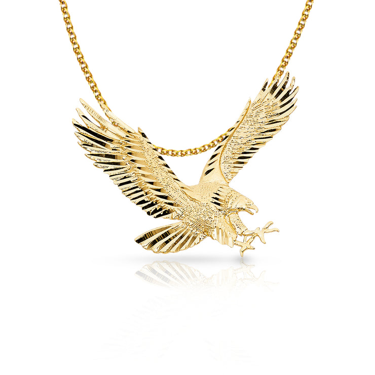 14K Gold Eagle Charm Pendant with 1.7mm Flat Open Wheat Chain Necklace