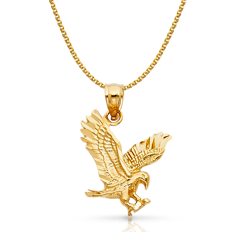 14K Gold Eagle Charm Pendant with 1.5mm Flat Open Wheat Chain Necklace