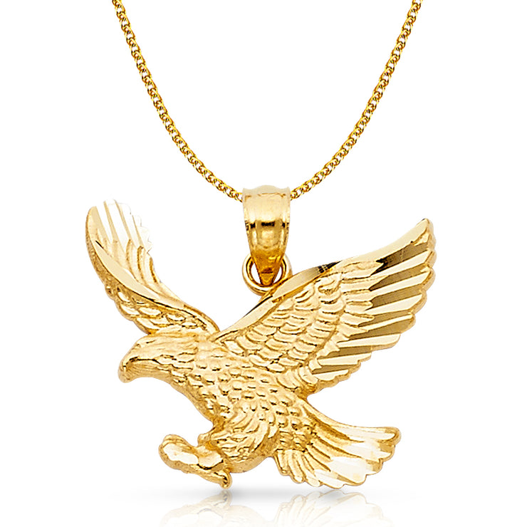 14K Gold Eagle Charm Pendant with 1.5mm Flat Open Wheat Chain Necklace