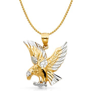 14K Gold Eagle Charm Pendant with 1.7mm Flat Open Wheat Chain Necklace