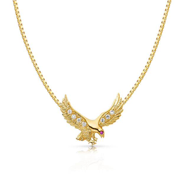 14K Gold CZ Eagle Charm Pendant with 1.2mm Box Chain Necklace