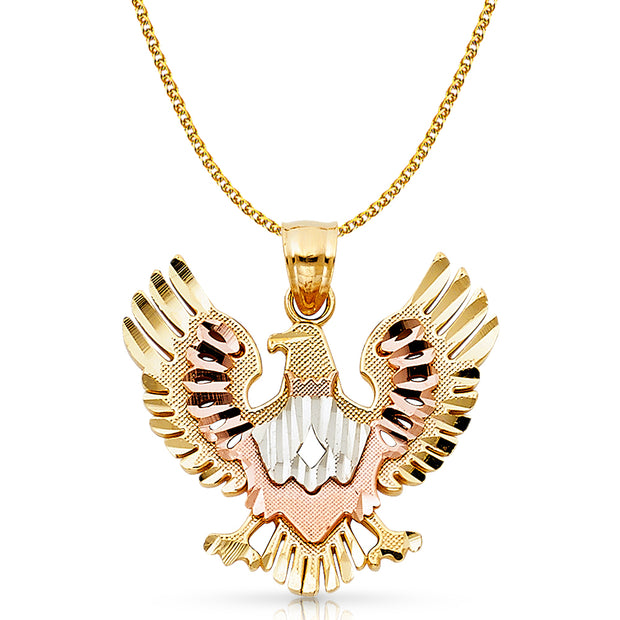 14K Gold Eagle Charm Pendant with 1.7mm Flat Open Wheat Chain Necklace