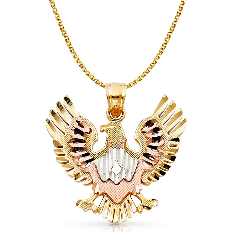 14K Gold Eagle Charm Pendant with 1.7mm Flat Open Wheat Chain Necklace