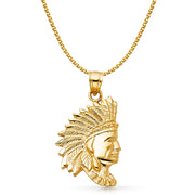 14K Gold Indian Charm Pendant with 2mm Flat Open Wheat Chain Necklace
