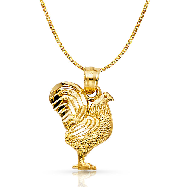 14K Gold Rooster Charm Pendant with 1.5mm Flat Open Wheat Chain Necklace