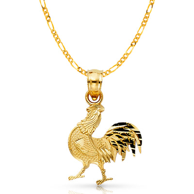 14K Gold Rooster Charm Pendant with 2.3mm Figaro 3+1 Chain Necklace