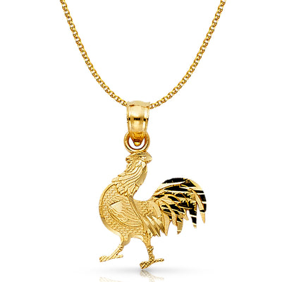 14K Gold Rooster Charm Pendant with 1.5mm Flat Open Wheat Chain Necklace