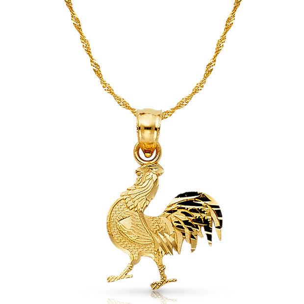 14K Gold Rooster Charm Pendant with 1.2mm Singapore Chain Necklace